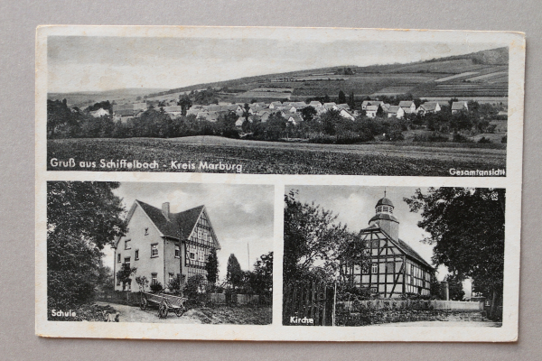 Postcard PC Gruss aus Schiffelbach 1920-1940 school church Town architecture Hessen
